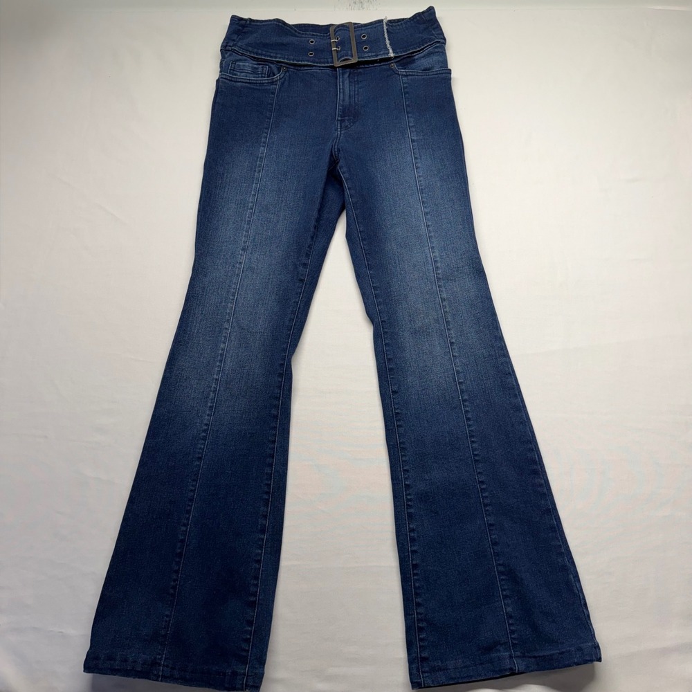 Y2K Belted Flare‎ Jeans Women's 10 Mid Rise Stretch Dark Wash Retro Boho